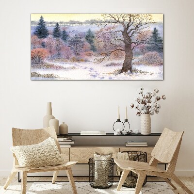 Tableau sur verre Paysage d'hiver avec un arbre solitaire