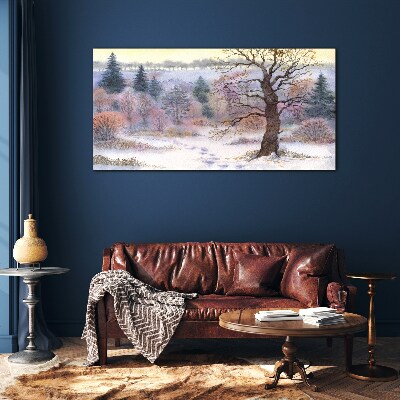 Tableau sur verre Paysage d'hiver avec un arbre solitaire