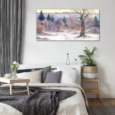 Tableau sur verre Paysage d'hiver avec un arbre solitaire