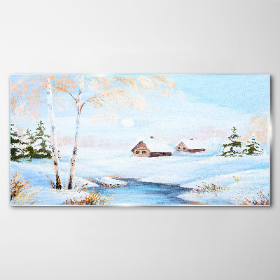 Tableau imprimé sur verre Paysage d'hiver avec des maisons sous la neige