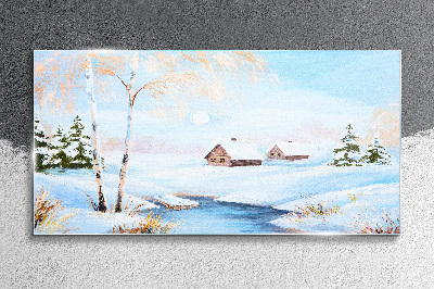 Tableau imprimé sur verre Paysage d'hiver avec des maisons sous la neige