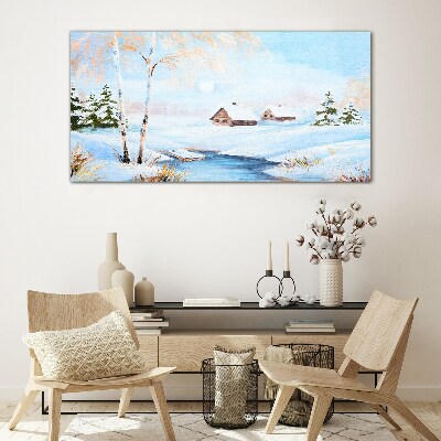 Tableau imprimé sur verre Paysage d'hiver avec des maisons sous la neige