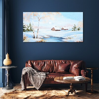 Tableau imprimé sur verre Paysage d'hiver avec des maisons sous la neige