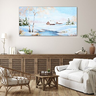 Tableau imprimé sur verre Paysage d'hiver avec des maisons sous la neige