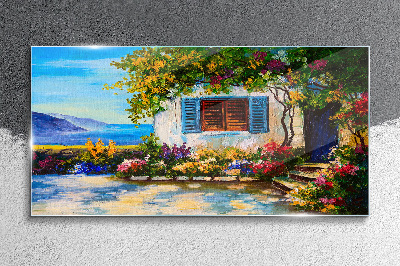 Tableau imprimé sur verre Paysage de bord de mer avec des fleurs