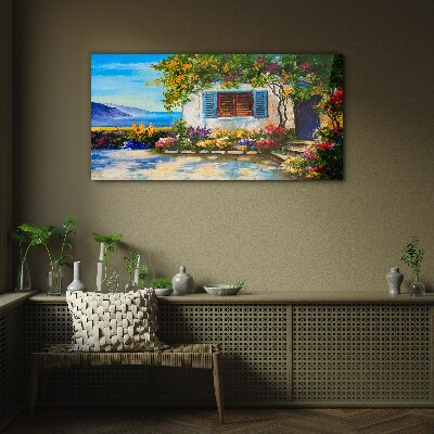 Tableau imprimé sur verre Paysage de bord de mer avec des fleurs