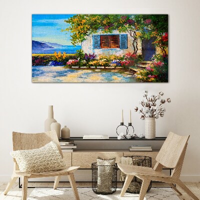 Tableau imprimé sur verre Paysage de bord de mer avec des fleurs