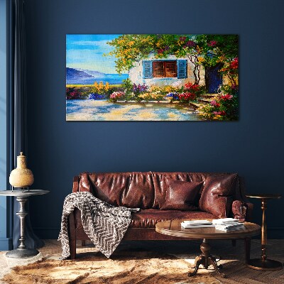 Tableau imprimé sur verre Paysage de bord de mer avec des fleurs