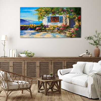 Tableau imprimé sur verre Paysage de bord de mer avec des fleurs