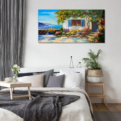 Tableau imprimé sur verre Paysage de bord de mer avec des fleurs