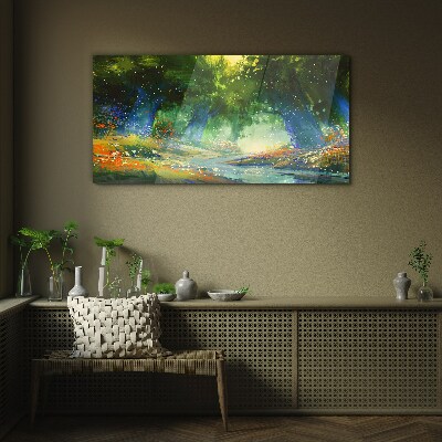 Tableau sur verre Forêt verte dans la lumière du matin