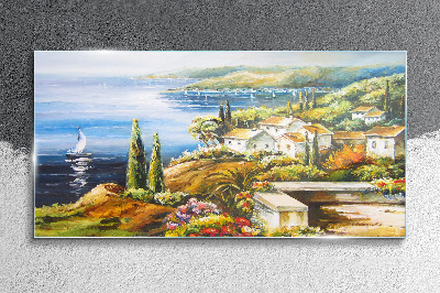 Tableau verre imprimé Paysage de bord de mer avec un voilier