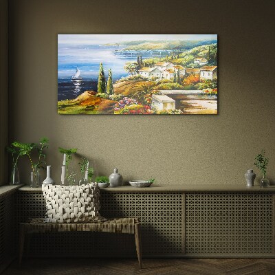 Tableau verre imprimé Paysage de bord de mer avec un voilier
