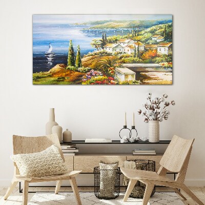 Tableau verre imprimé Paysage de bord de mer avec un voilier