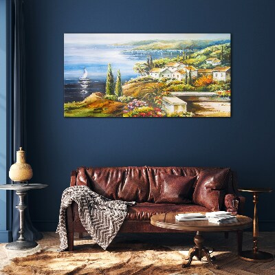 Tableau verre imprimé Paysage de bord de mer avec un voilier