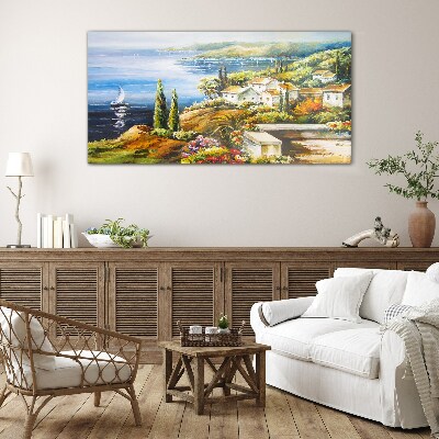 Tableau verre imprimé Paysage de bord de mer avec un voilier