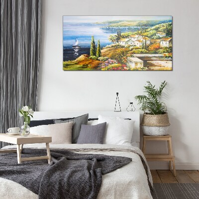 Tableau verre imprimé Paysage de bord de mer avec un voilier