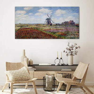Tableau imprimé sur verre Paysage avec un moulin à vent