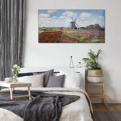Tableau imprimé sur verre Paysage avec un moulin à vent