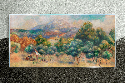 Tableau verre imprimé Paysage avec des arbres et un chalet
