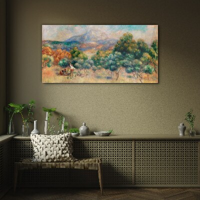 Tableau verre imprimé Paysage avec des arbres et un chalet