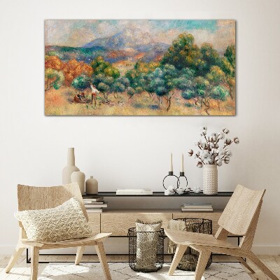 Tableau verre imprimé Paysage avec des arbres et un chalet
