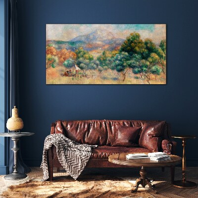 Tableau verre imprimé Paysage avec des arbres et un chalet