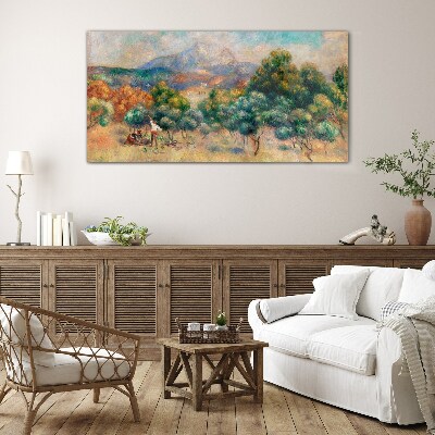 Tableau verre imprimé Paysage avec des arbres et un chalet