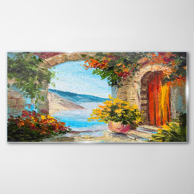 Tableau en verre Paysage de bord de mer avec des fleurs
