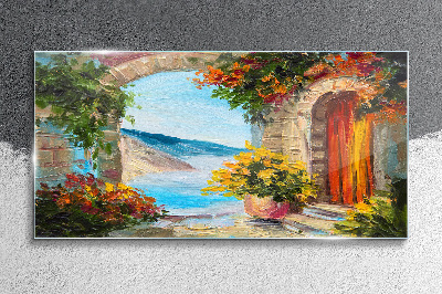 Tableau en verre Paysage de bord de mer avec des fleurs