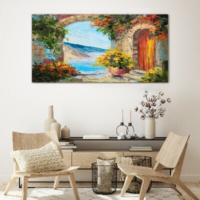 Tableau en verre Paysage de bord de mer avec des fleurs