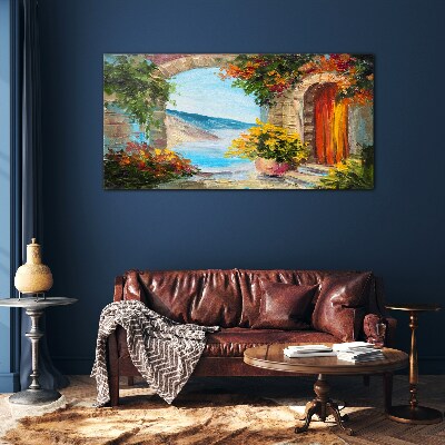 Tableau en verre Paysage de bord de mer avec des fleurs