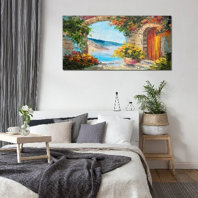 Tableau en verre Paysage de bord de mer avec des fleurs