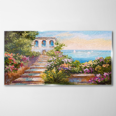 Tableau verre imprimé Une promenade parmi les fleurs au bord de la mer