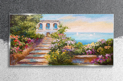 Tableau verre imprimé Une promenade parmi les fleurs au bord de la mer
