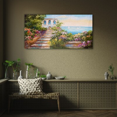 Tableau verre imprimé Une promenade parmi les fleurs au bord de la mer