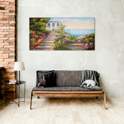 Tableau verre imprimé Une promenade parmi les fleurs au bord de la mer