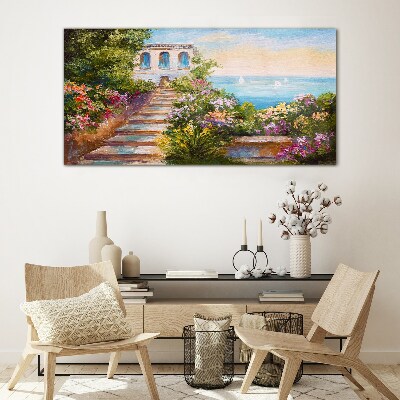 Tableau verre imprimé Une promenade parmi les fleurs au bord de la mer