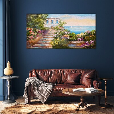 Tableau verre imprimé Une promenade parmi les fleurs au bord de la mer