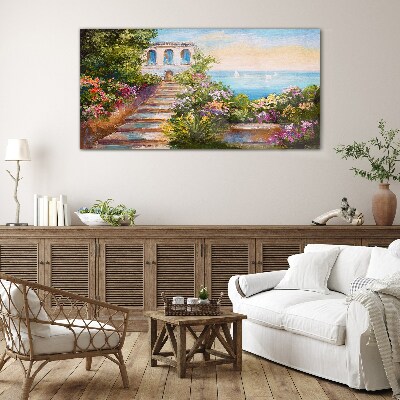 Tableau verre imprimé Une promenade parmi les fleurs au bord de la mer