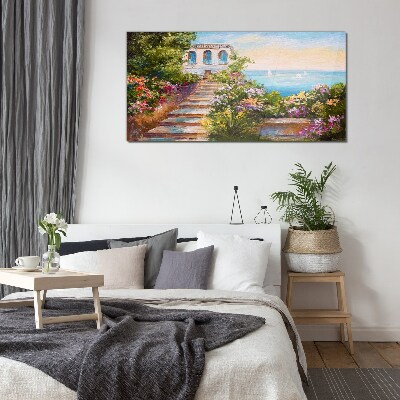 Tableau verre imprimé Une promenade parmi les fleurs au bord de la mer