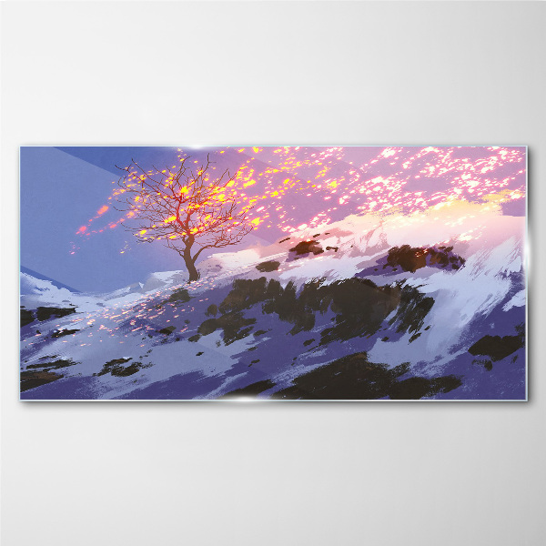 Tableau en verre Paysage d'hiver avec un arbre en feu