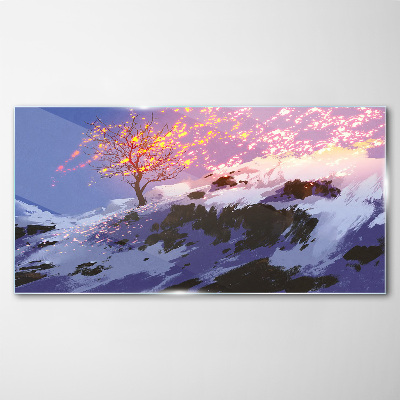 Tableau en verre Paysage d'hiver avec un arbre en feu