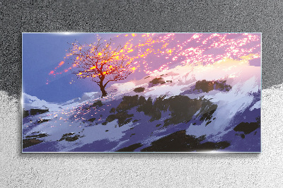 Tableau en verre Paysage d'hiver avec un arbre en feu