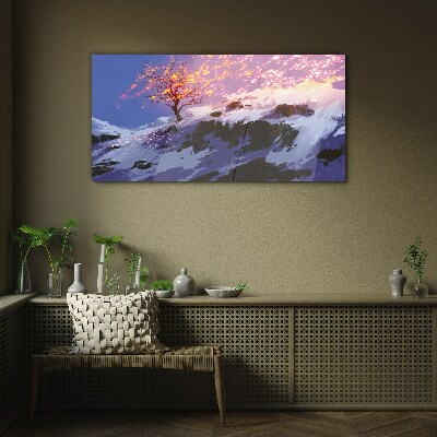 Tableau en verre Paysage d'hiver avec un arbre en feu