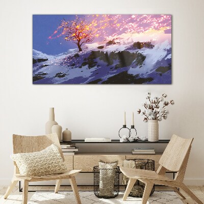 Tableau en verre Paysage d'hiver avec un arbre en feu