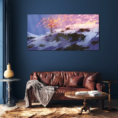 Tableau en verre Paysage d'hiver avec un arbre en feu