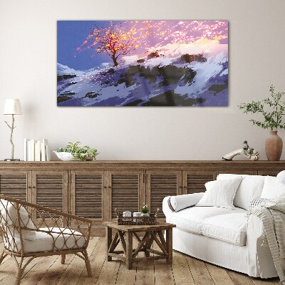 Tableau en verre Paysage d'hiver avec un arbre en feu