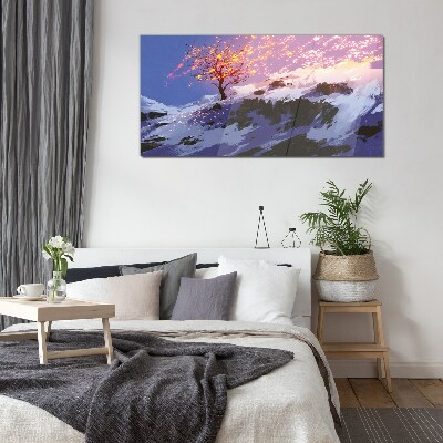 Tableau en verre Paysage d'hiver avec un arbre en feu