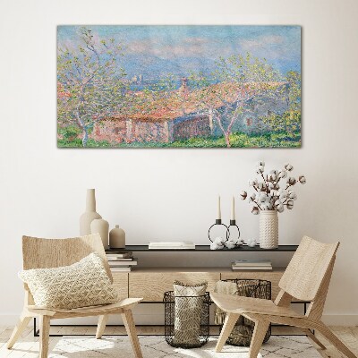 Tableau imprimé sur verre Un paysage paisible avec une maison et des arbres